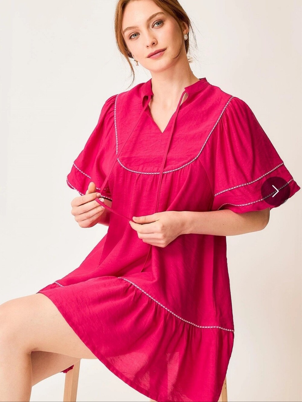UMGEE-Bright Fuchsia Tie-Neck Tiered Mini Dress